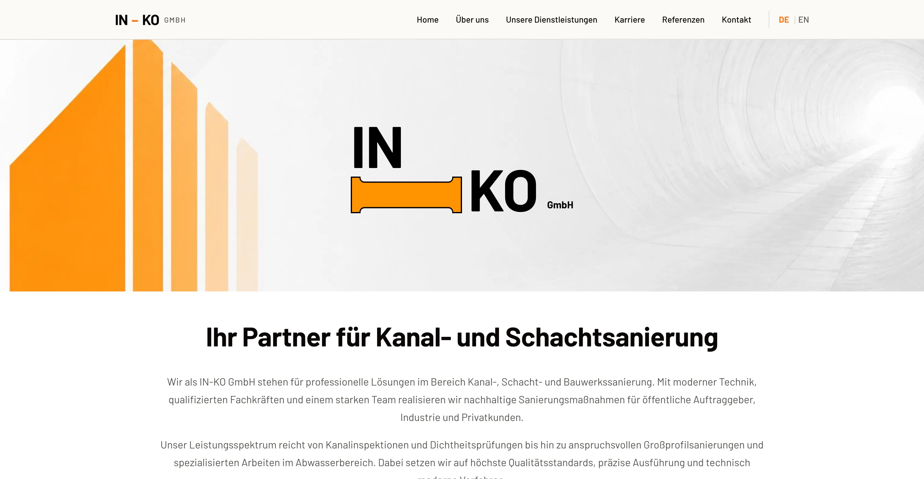 IN-KO GmbH, Bilingual website for a German sewer and shaft rehabilitation contractor serving the Rhine-Main region.