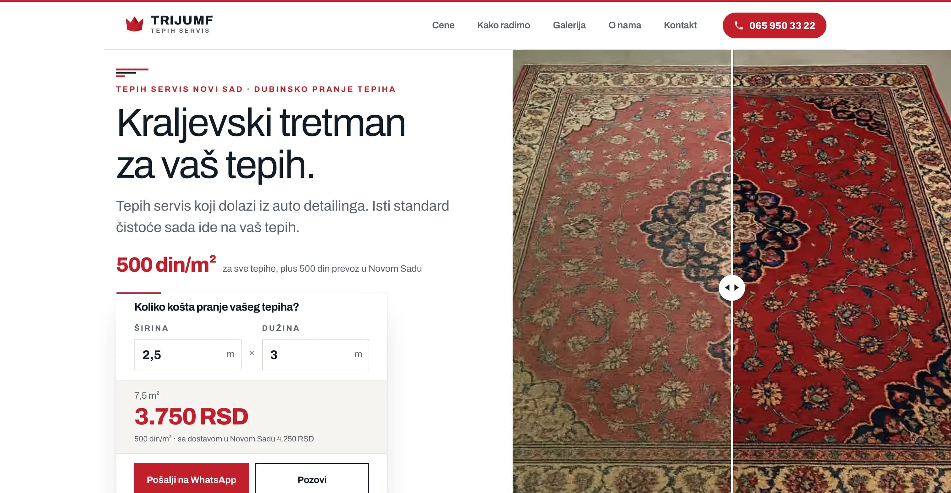 Tepih Servis Trijumf, Service website for a carpet cleaning company, with transparent per-square-metre pricing and an instant cost calculator.